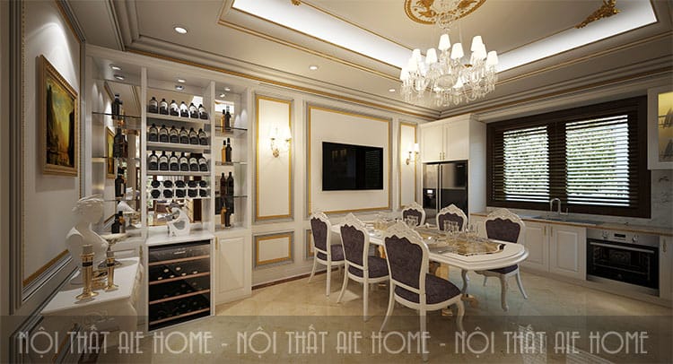 Thiết kế nội thất biệt thự tân cổ điển có nhà bếp rộng rãi với đầy đủ thiết bị tiện nghi 3