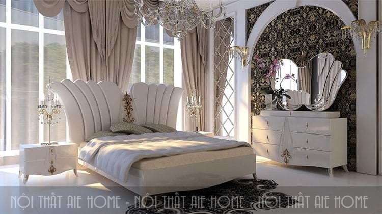 Mẫu thiết kế phòng cưới đẹp với giường cưới tông màu trắng sữa