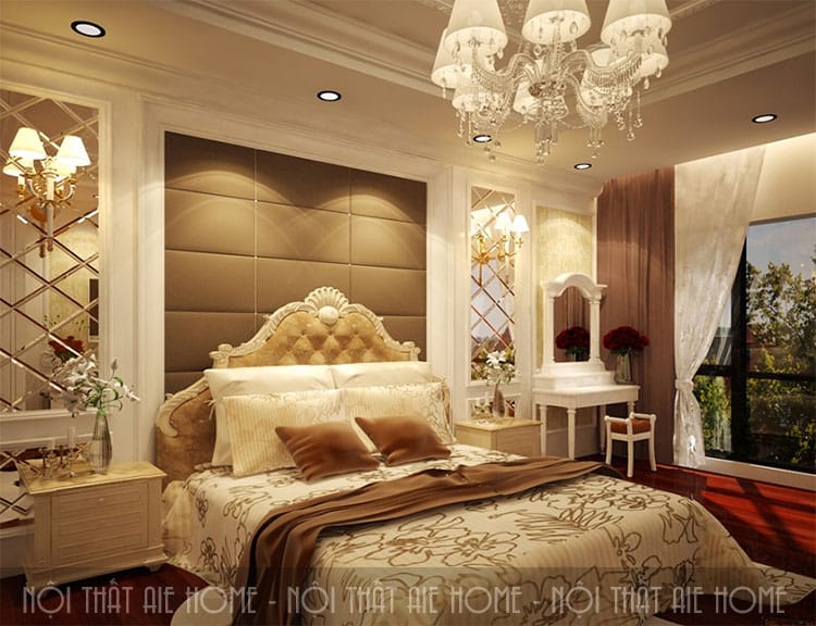 Thiết kế nội thất gam màu vàng nâu khiến cho phòng cưới có cảm giác ấm áp và lãng mạn