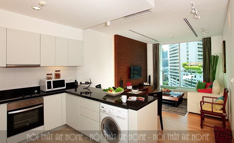 Phòng khách liền bếp cho căn hộ chung cư 75m²