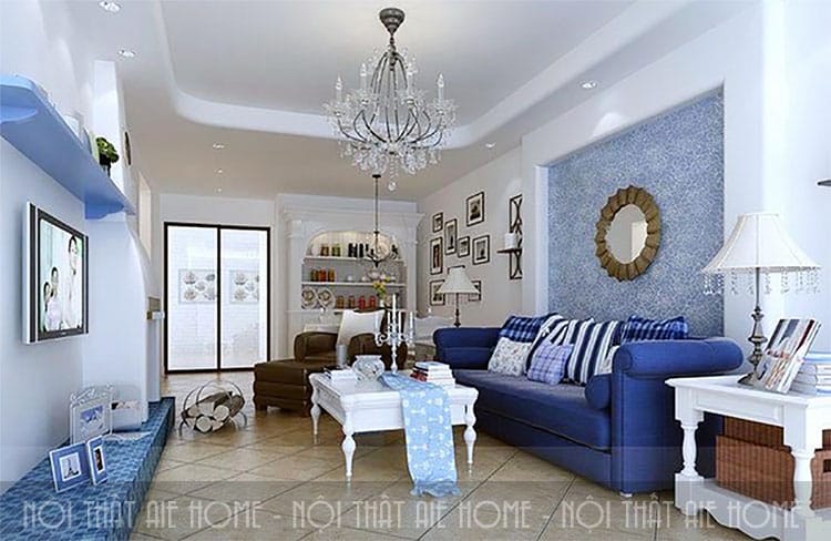 Màu sơn xanh trắng cho thiết kế nội thất căn hộ chung cư 30m2