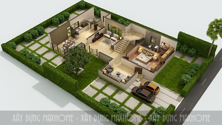 Bản vẽ 2D thiết kế nhà biệt thự sân vườn với nhiều cây xanh 