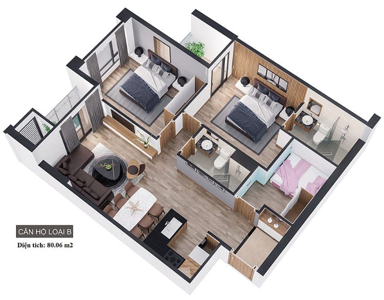 Thiết kế nội thất căn hộ chung cư có 2 phòng ngủ phong cách hiện đại với tông chủ đạo là màu trắng 2