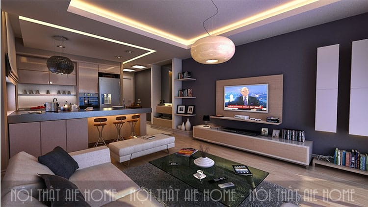 Điểm nhấn trong thiết kế nội thất căn hộ chung cư này chính là chiếc đèn tròn hiện đại và ấn tượng