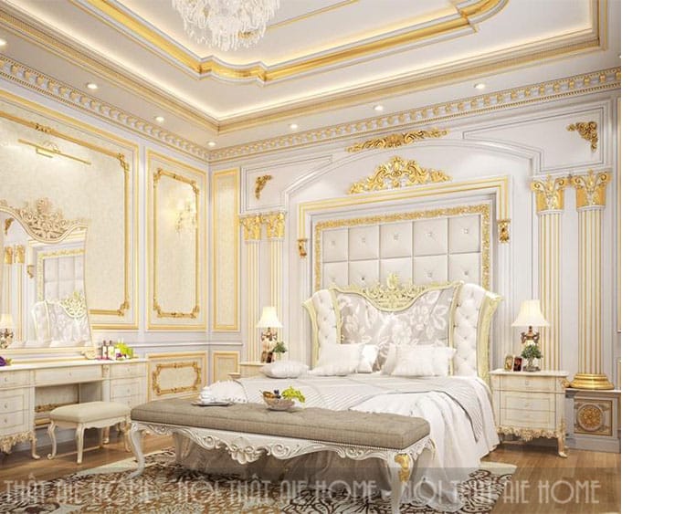 Nội thất phòng ngủ lộng lẫy với hai gam màu trắng và vàng