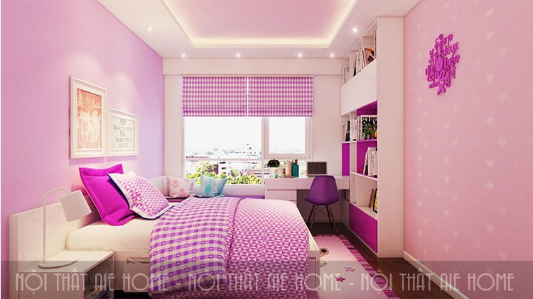 Phòng ngủ con gái, chúng ta có thể sắp xếp không gian tương tự với tông màu trắng làm chủ đạo, nhưng điểm nhấn sẽ là màu hồng trẻ trung và năng động.