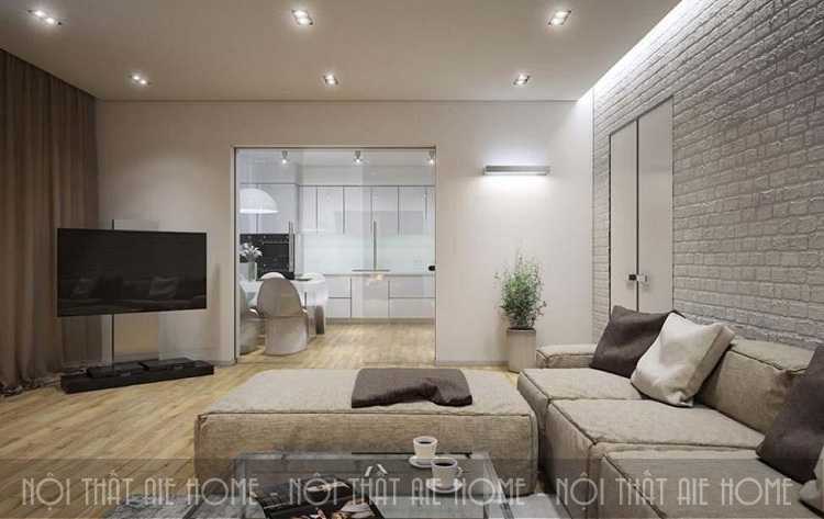 phòng khách chung cư được thiết kế theo phong cách tối giản với gam màu trung tính