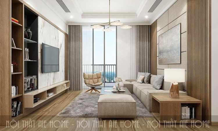 Phòng khách chung cư hiện đại với thiết kế chủ đạo bằng chất liệu gỗ sang trọng 