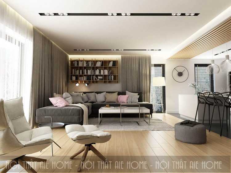 Không gian phòng khách hiện đại được bài trí gọn gàng đẹp mắt với tone màu xám trắng