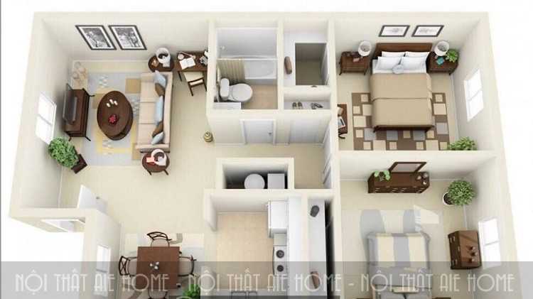Căn hộ chung cư 55m2 với thiết kế 2 phòng ngủ