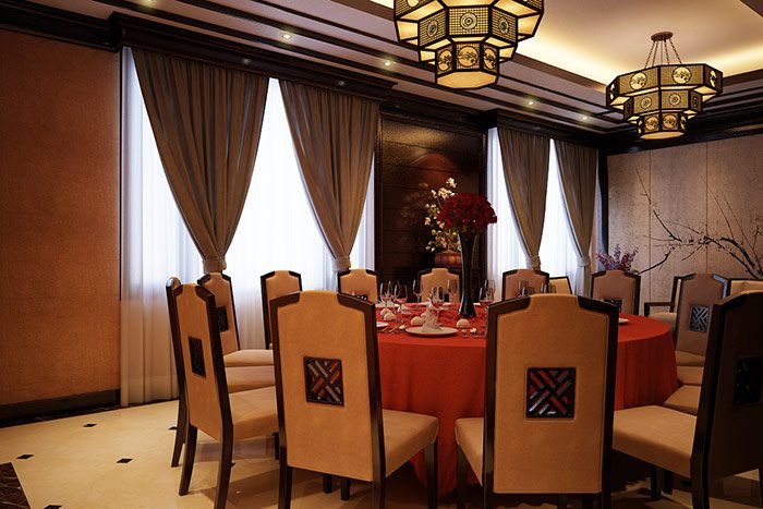 Nhà hàng sử dụng nội thất bàn ghế gỗ tròn đặc trưng của người Trung cùng đèn lồng độc đáo
