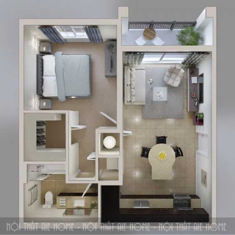 Không gian bao quát của chung cư 1 phòng ngủ được thiết kế đơn giản