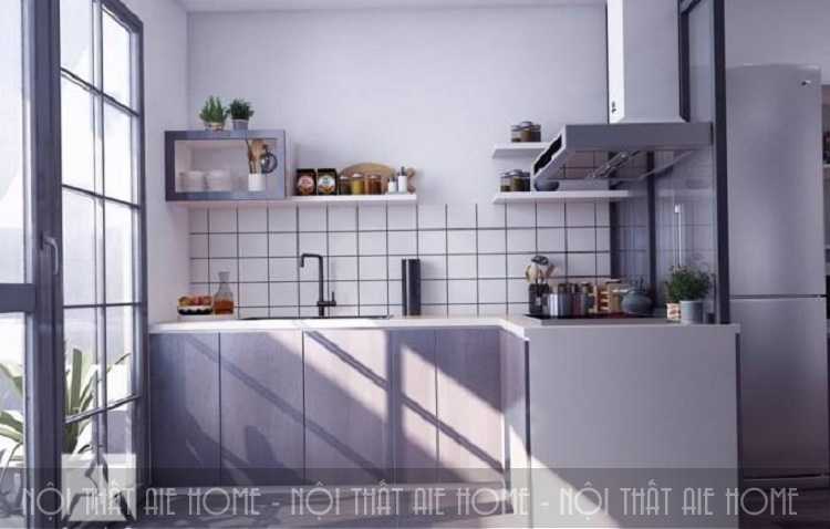tủ bếp có thiết kế hình chữ L giúp tận dụng được diện tích