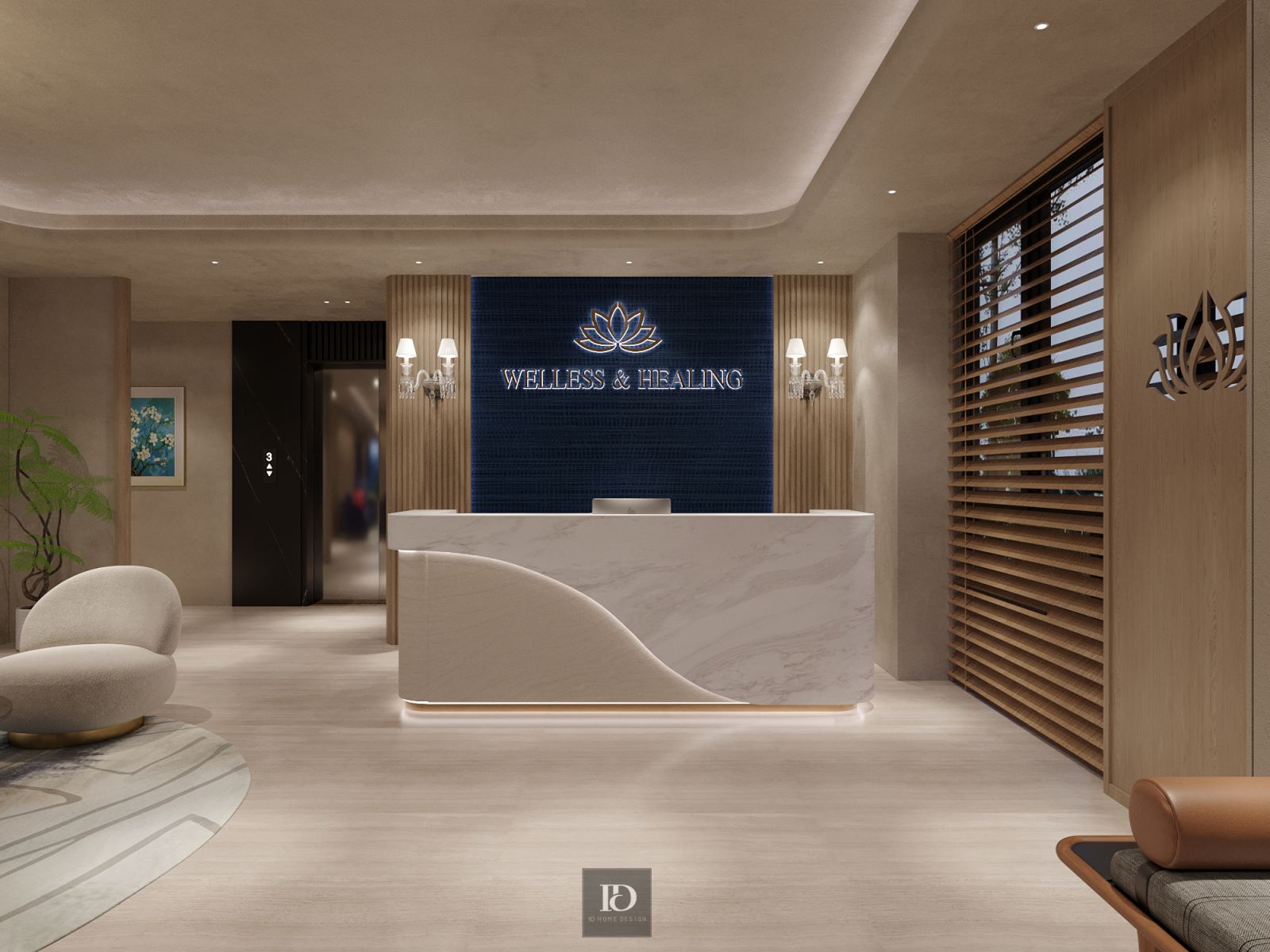 Quầy lễ tân với logo 'WELLNESS & HEALING' nổi bật và bàn đá marble sang trọng