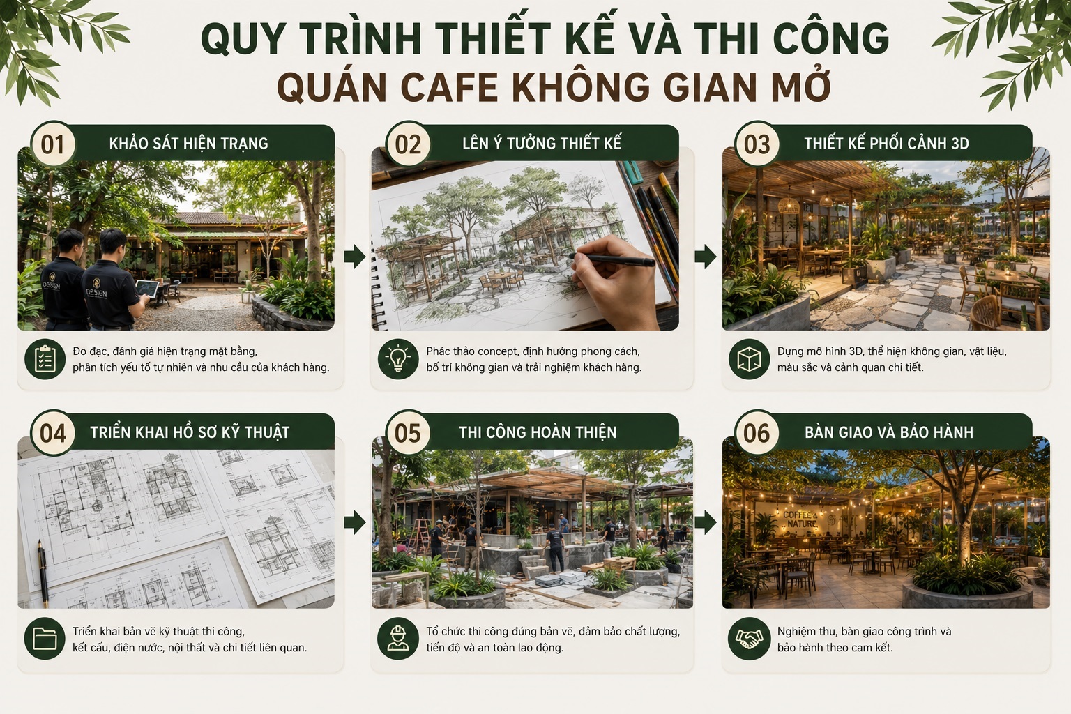 Quy trình thiết kế và thi công quán cà phê không gian mở