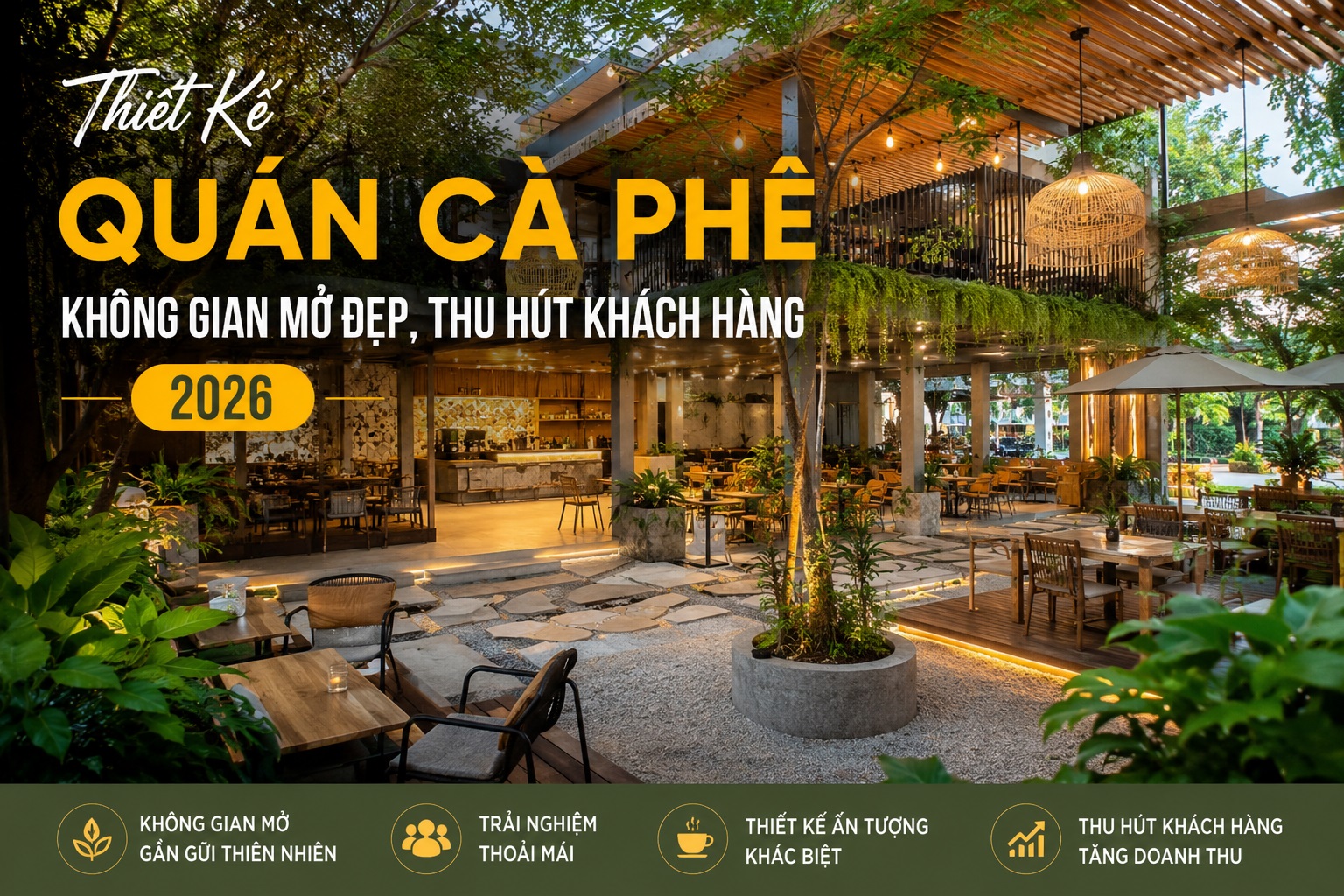 Thiết kế quán cà phê không gian mở đẹp thu hút khách hàng