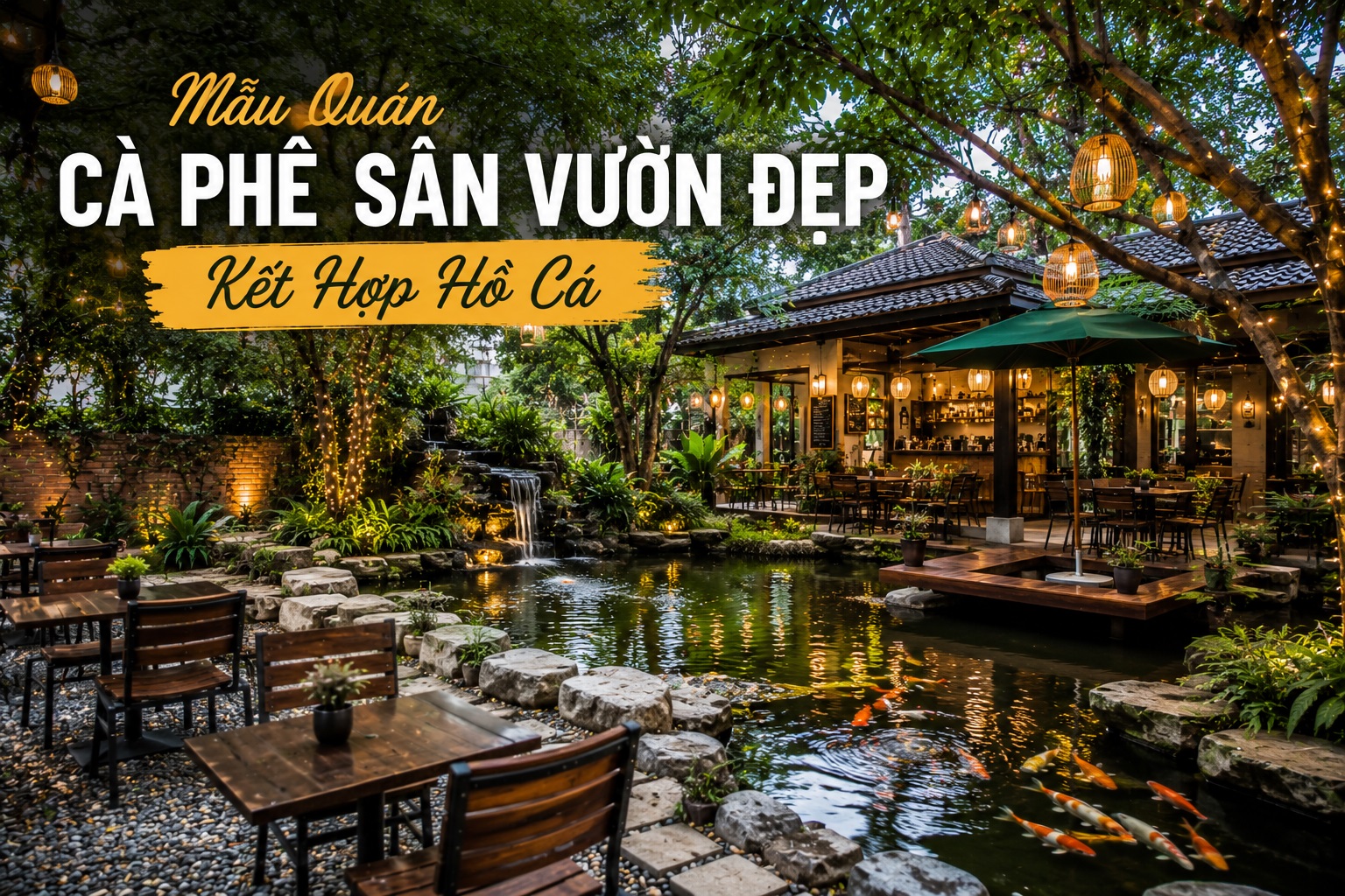 Mẫu quán cà phê sân vườn đẹp kết hợp hồ cá