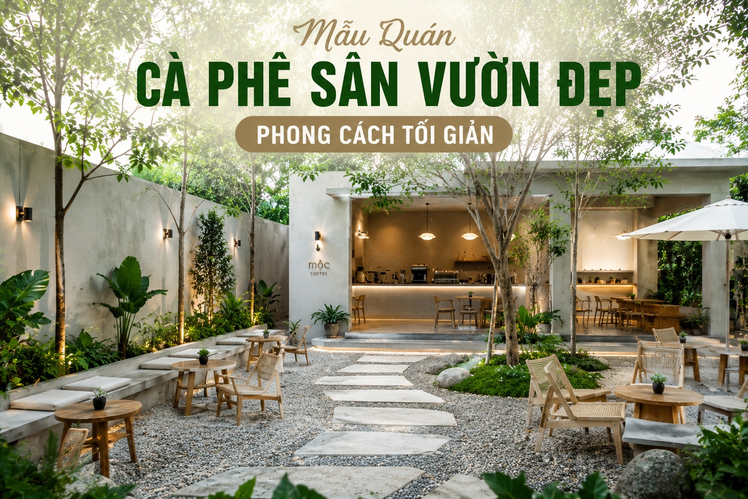 Mẫu quán cà phê sân vườn đẹp phong cách tối giản