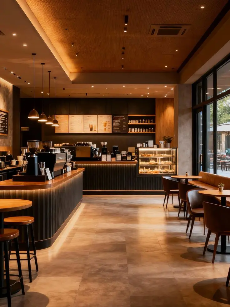 Ghế băng gỗ và đèn mây tre đan trong dịch vụ thiết kế nội thất quán cafe