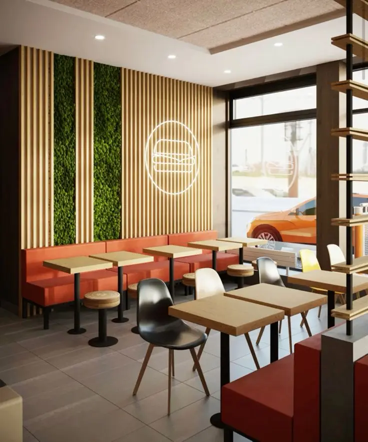 Quầy bar gỗ và khu ghế ngồi trong quán cafe, tham khảo chi phí thiết kế quán cafe