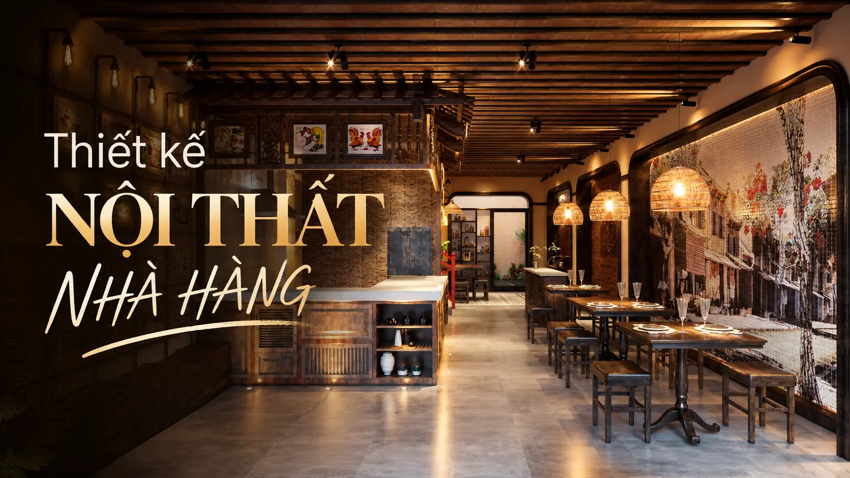 Thiết kế nội thất nhà hàng với quầy bếp mở, trần dầm gỗ và đèn mây tre