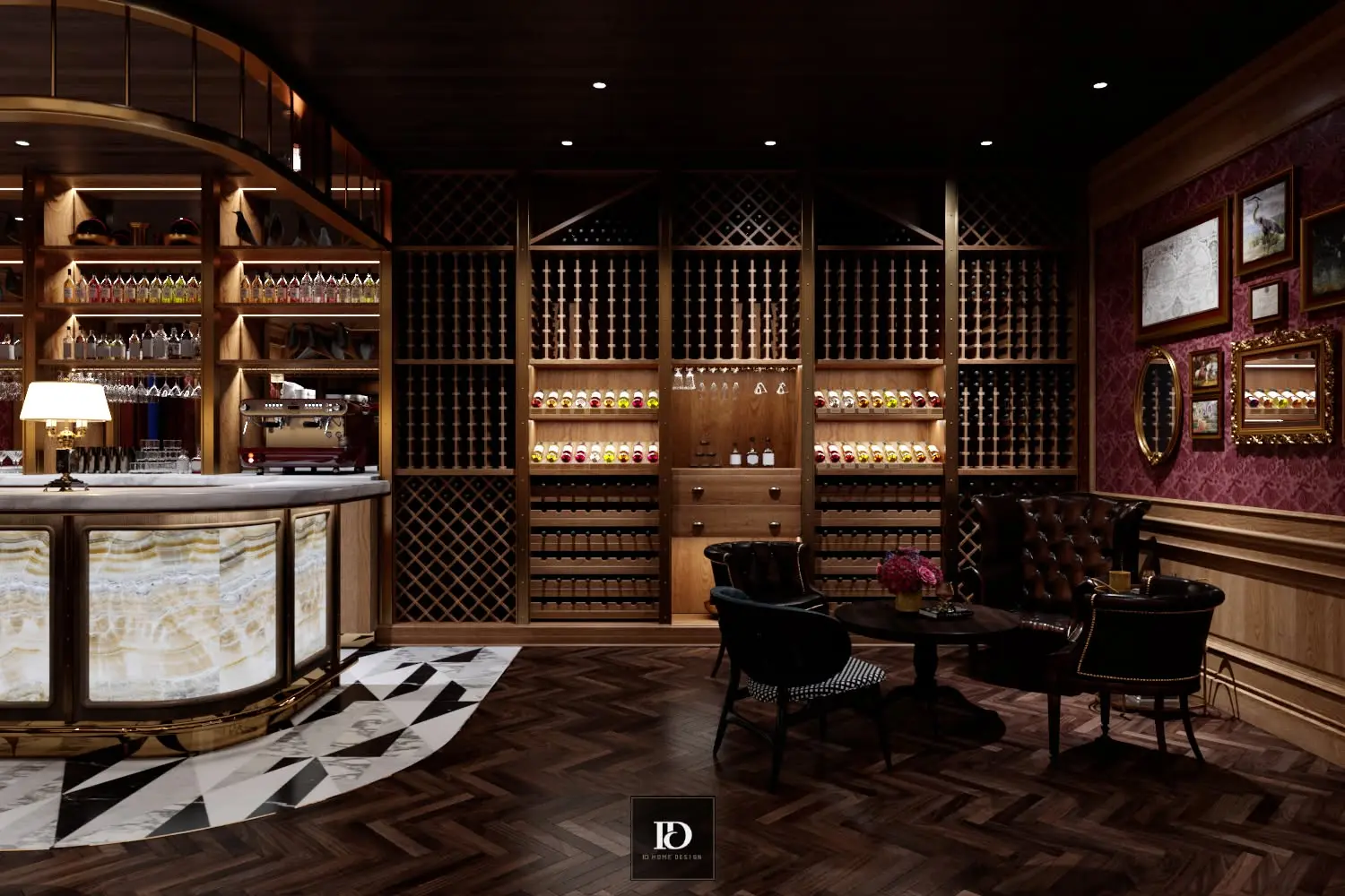 Quầy bar và kệ rượu cùng góc ngồi thư giãn