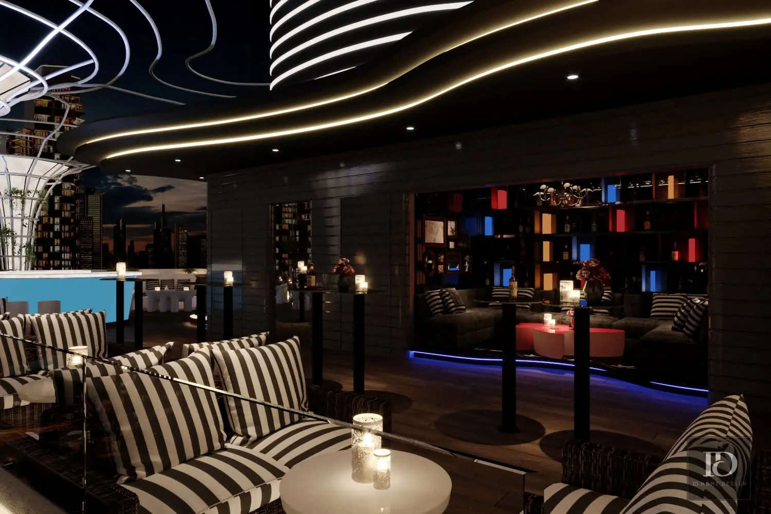 Khu ghế sofa ngoài trời và góc ngồi riêng trong quán bar