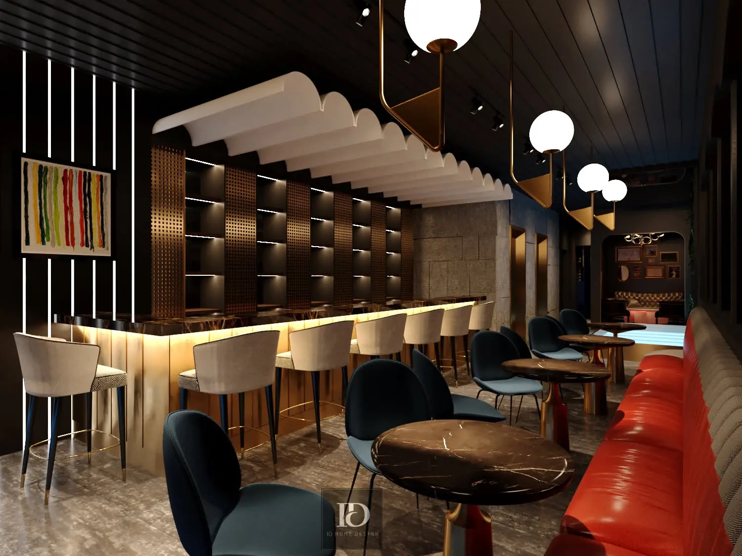Quầy bar với kệ rượu, ghế quầy và khu bàn ghế