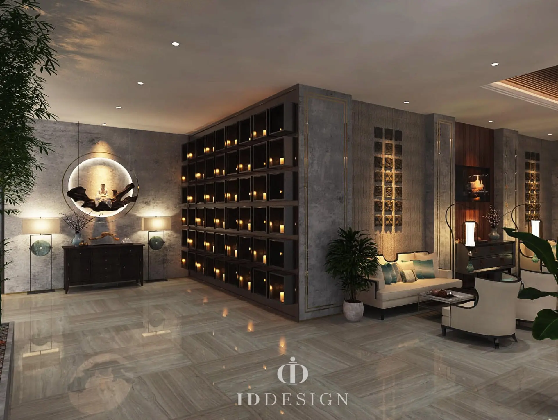 Khu sảnh chờ spa phong cách Á Đông với tường nến, sofa kem và đèn sàn