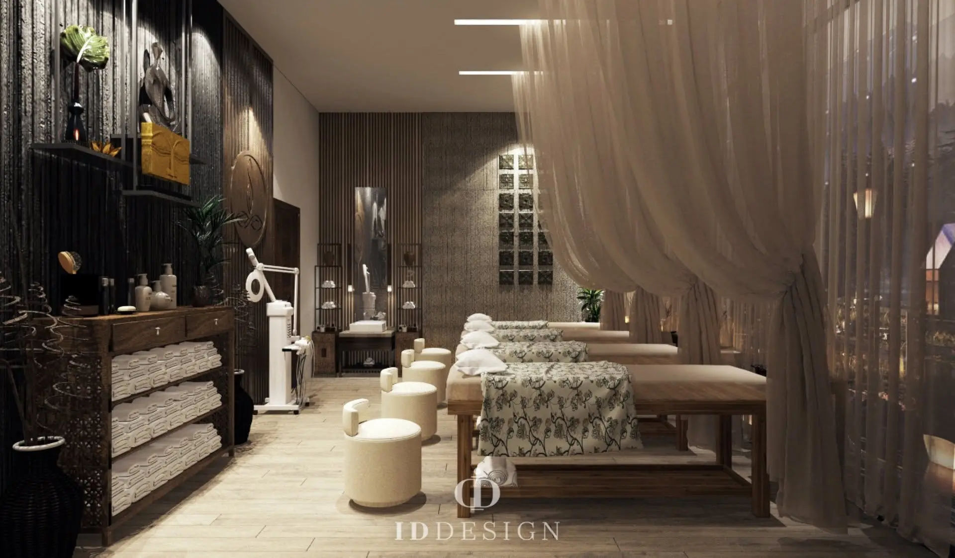 Mẫu thiết kế 3D spa đẹp: phòng trị liệu 3 giường, tường gỗ tối và rèm voan