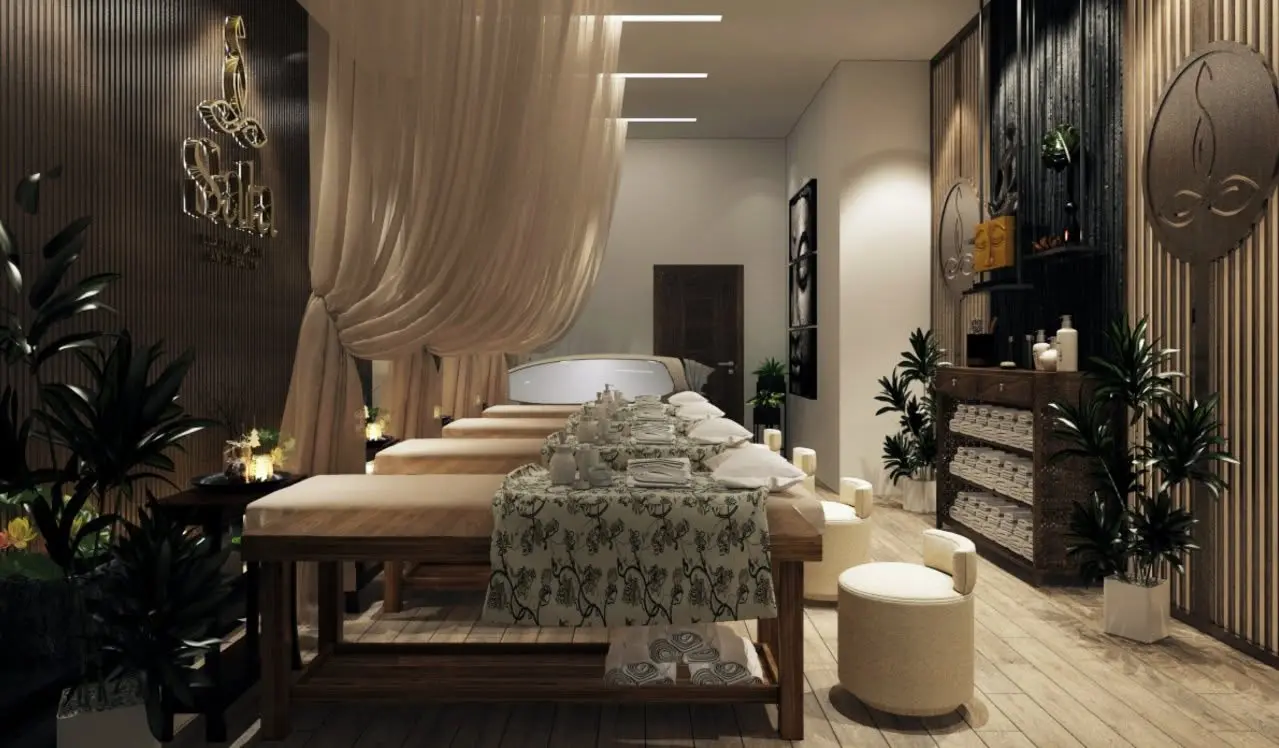 Phối cảnh 3D phòng massage spa phong cách Á Đông với giường gỗ và cây xanh