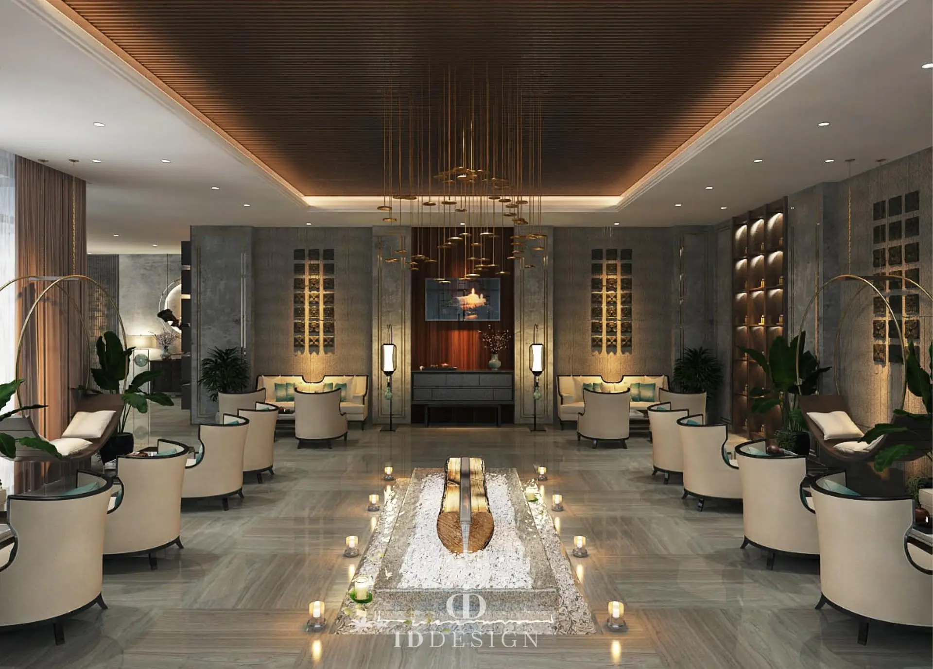 Sảnh chờ spa cao cấp với đài phun nước trung tâm, ghế bành và đèn thả trần